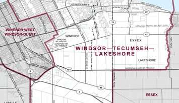 The federal riding of Windsor-Tecumseh-Lakeshore. Map courtesy Elections Canada.