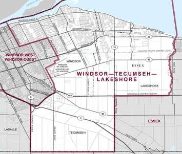 The federal riding of Windsor-Tecumseh-Lakeshore. Map courtesy Elections Canada.